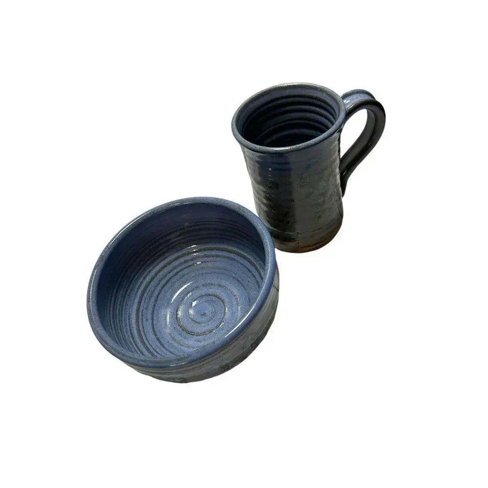 Hand Made Art Pottery Mug And Bowl Set Blues Grays Browns
